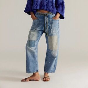 Free People Barrel Jeans with Patchwork & Rope Belt